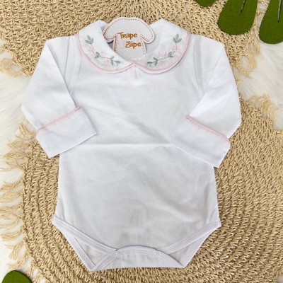 Body Branco com Gola Bordada Rosa Bebê e Planta Verde Body Branco com Gola Bordada Rosa Bebê e Planta Verde